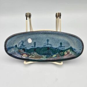 Studio Art Pottery‎ Oval Trinket Dish 7.5" Blue Ocean Moon Scene Signed Morgan